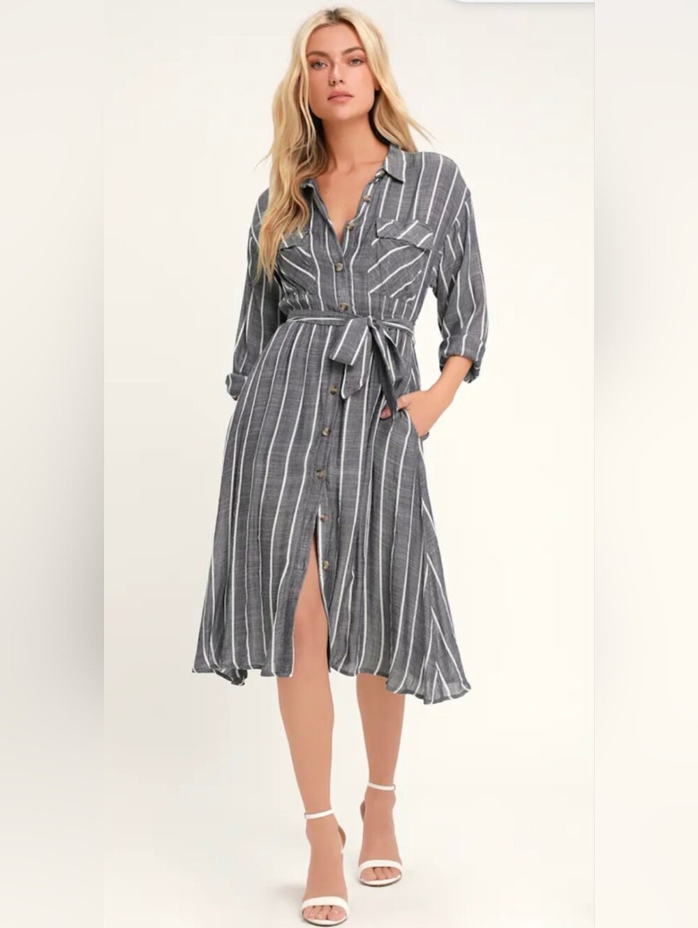 Lulus Slauson Dark Blue Grey Striped Long Sleeve Shirt Dress Button-Front